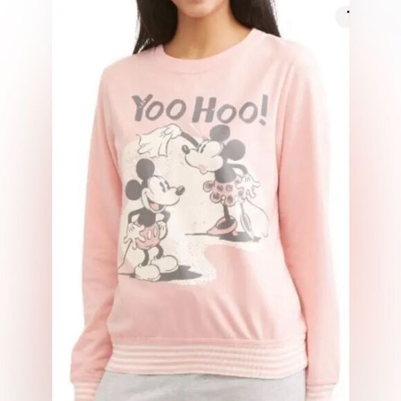 Disney Sleepwear Retro Print Mickey & Minnie Sweatshirt Pink Size Large - Picture 1 of 6